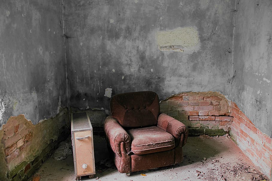 maroon, sofa chair, space heater, sofa, chair, old, leave, lapsed, brick, urban