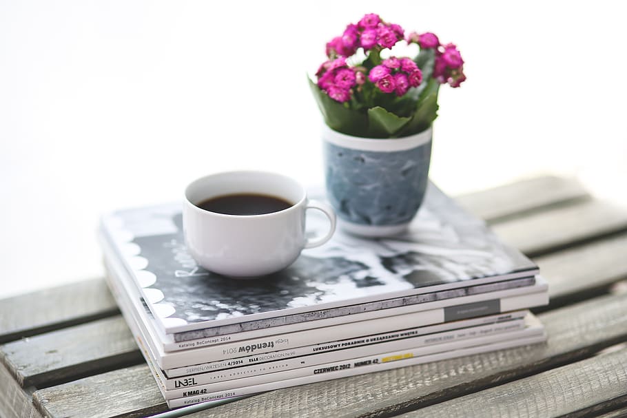 cup, coffee, stack, books, newspaper, magazine, flower, kalanchoe, pink, white