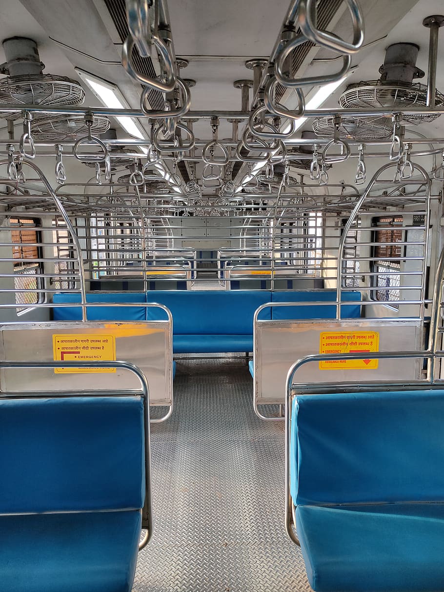 assentos, interior, mumbai local, trem, ema, assento, transporte público, vazio, interno, interior do veículo