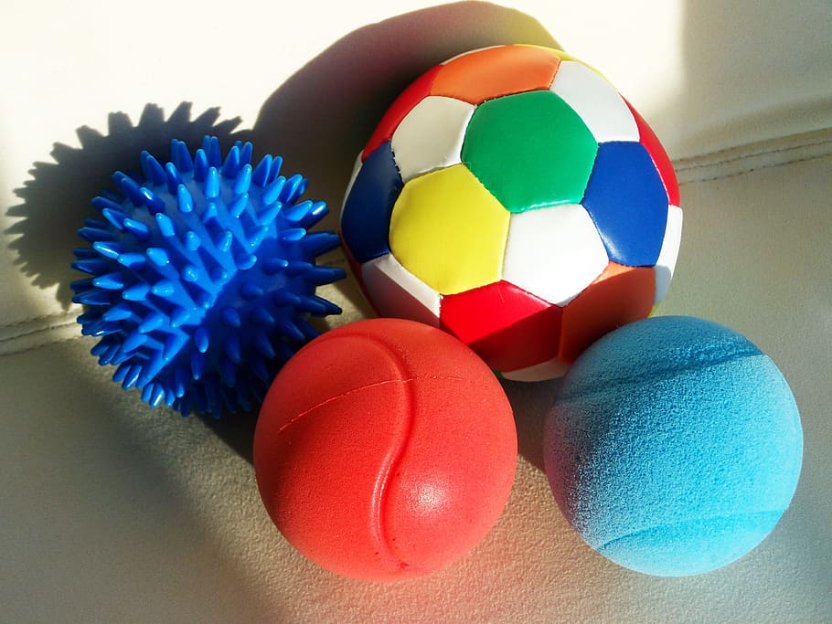 bolas, bolas coloridas, formas esféricas, bola, multi colorido, esfera, esporte, azul, dentro de casa, ninguém