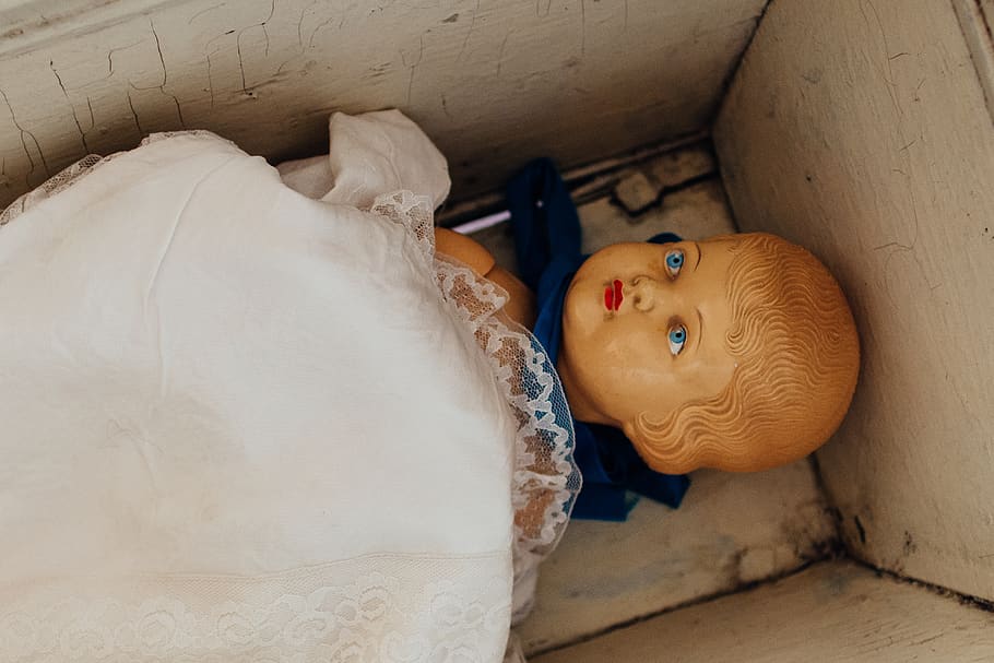 boneca, bebê, rosto, caixa, madeira, interior, brinquedo, infância, representação humana, representação