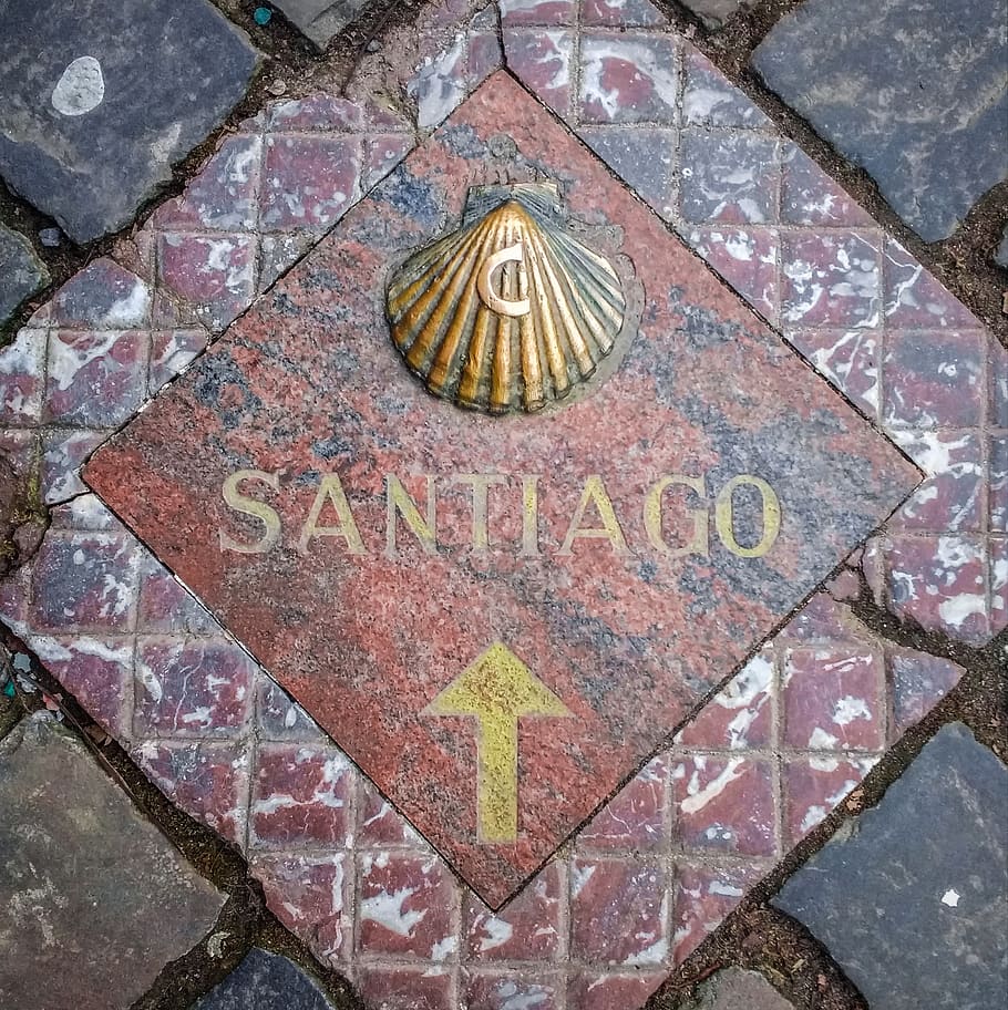 tile, how to get here, santiago, santiago de compostella, compostella, walking path, arrow, pilgrimage, hiking, direction
