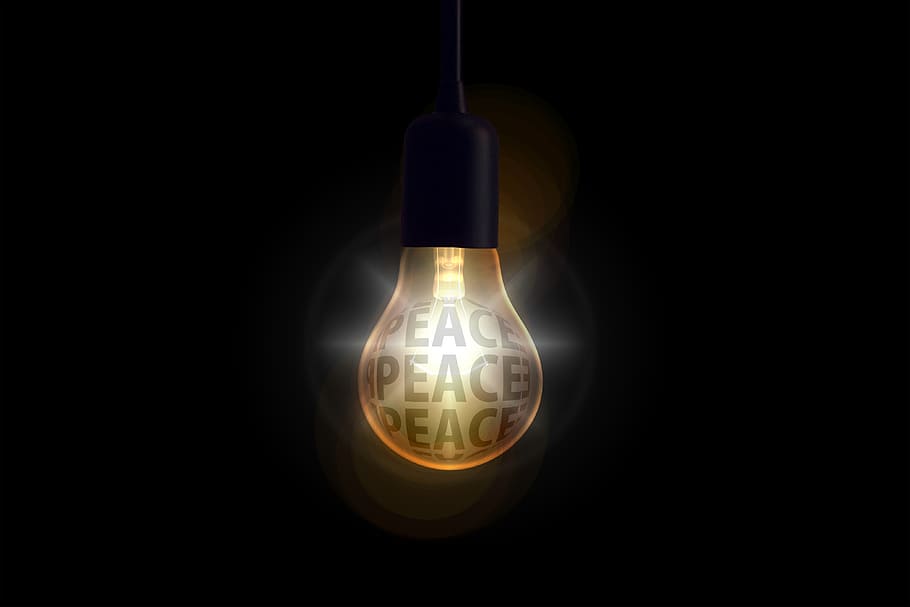 ligted bulb, peace text, innovation, harmony, pear, enlightenment, light, lamp, energy, thought