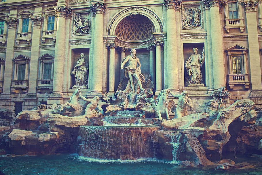 trevi fountain, rome, italy, fontana di trevi, fountain, historic, ancient, leonardo da vinci, water, marble