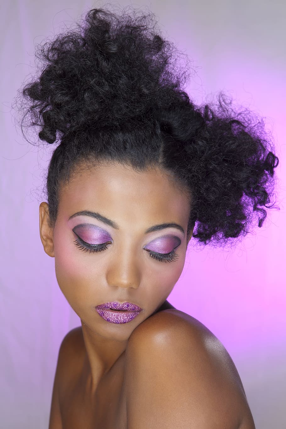 closeup, woman, applied, purple, lipstick, portrait, fashion, afro, women, curly