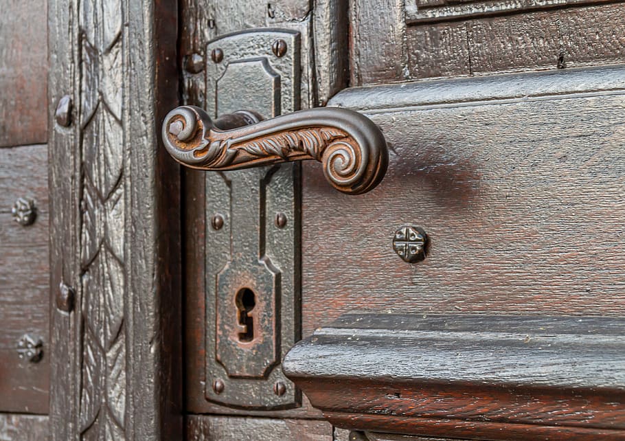 hardware de la puerta, manija de la puerta, manija, óxido, oxidado, antiguo, decorativo, metal, apropiado, entrada