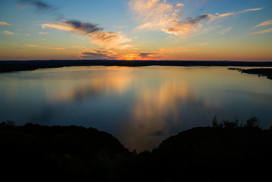 Lake Travis, Austin Texas, Pôr do sol, Água, cores, cênica, paisagem, relaxar, silhueta, beleza na natureza