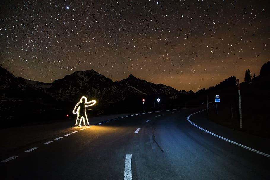 man, crossing, road time lapse photography, pickup, hitchhiker, auto stop, take with you, lift, light graffiti, road