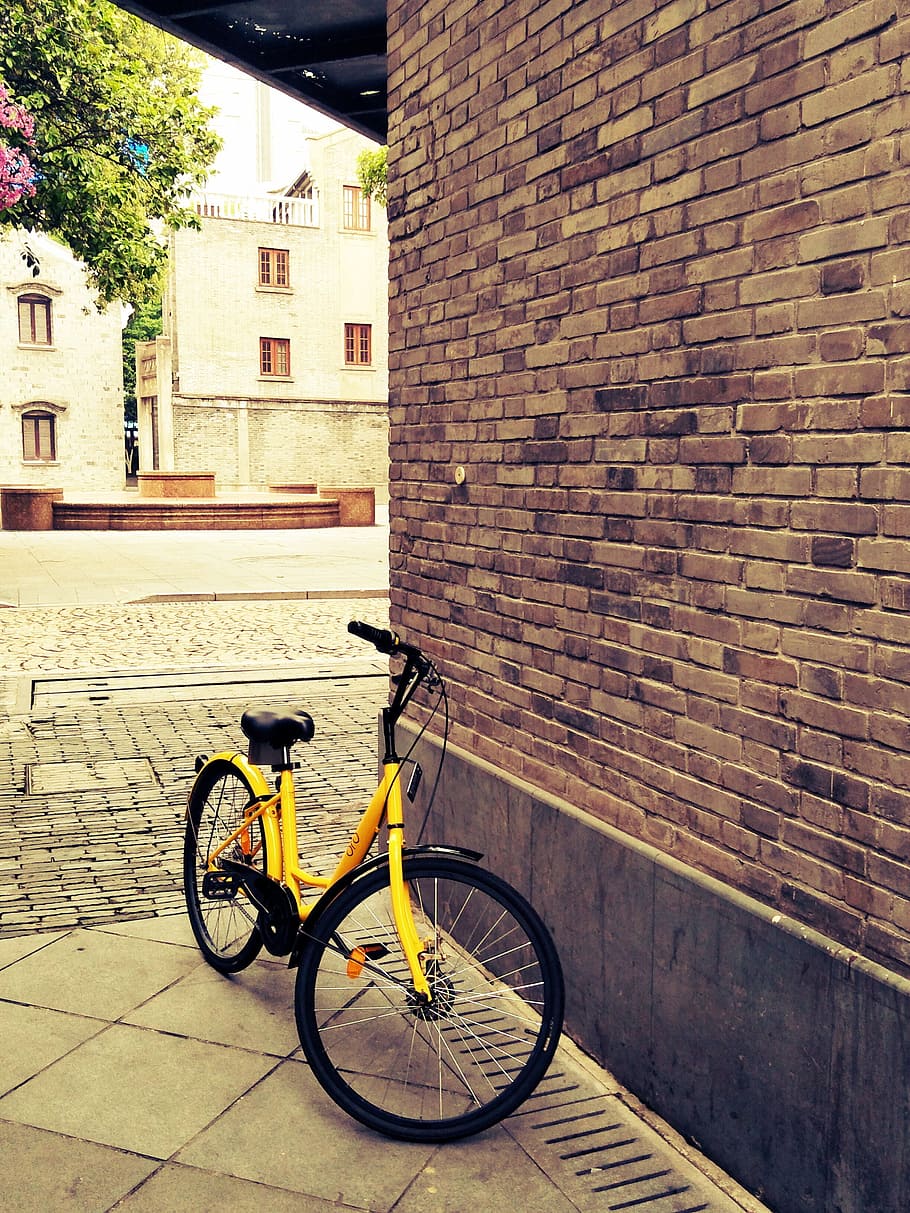 Shared, Bike, Tourism, Bicycle, shared bike, brick wall, transportation, mode of transport, building exterior, built structure