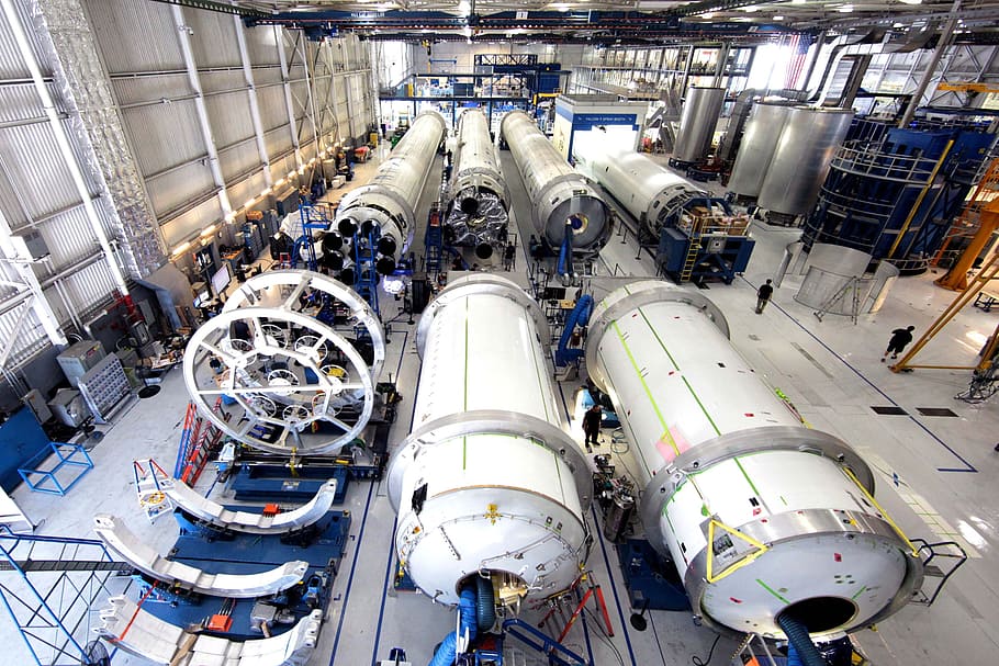 white, industrial, factory, interior, hangar, rockets, rocket science, transportation, rocket, spacex