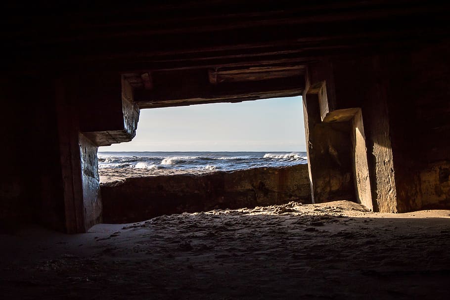 bunker, mar, areia, oceano, sol, costa oeste dinamarquesa, dinamarca, ondas, pegadas, cimento