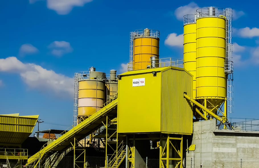yellow industrial tank, concrete plant, ready-mix concrete, batching plant, equipment, plant, batch, industry, production, factory