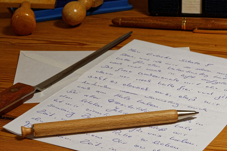 letras, caneta, escrever, papel, mensagem, ferramenta de escrita, carimbo, escritório, mesa, faca de papel