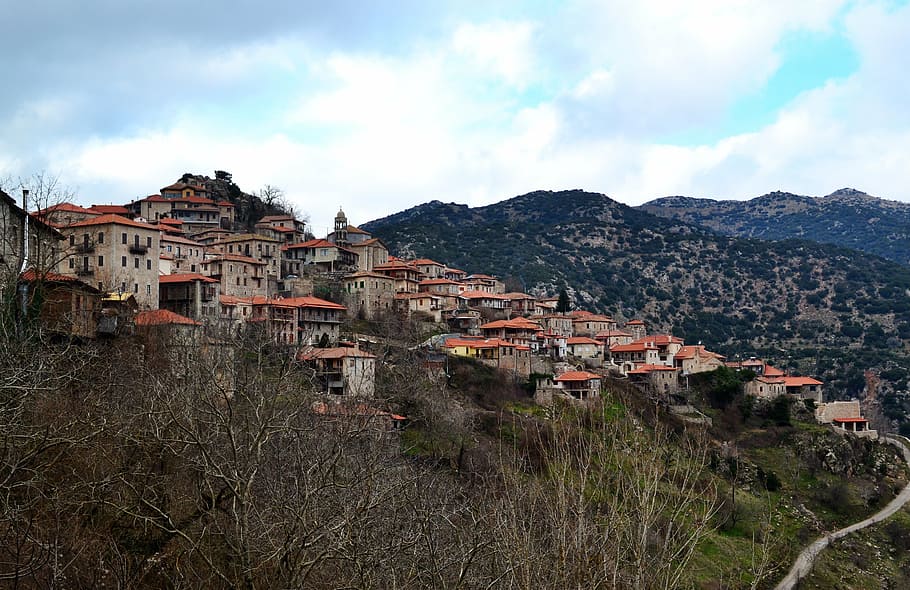 mountain village panorama, greece, dimitsana, landscape, village, greek, mountain, scenic, europe, rural
