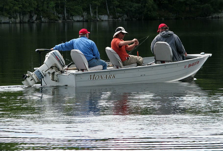 three, person, riding, white, motorboat, fishermen, fishing, boat, camping, bass