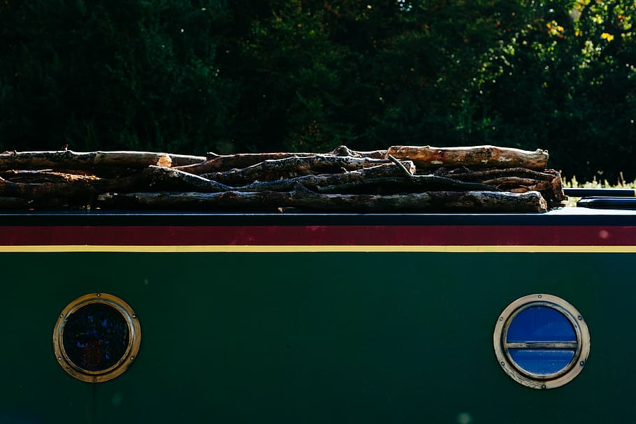 brown, tree branch, container, firewoods, boat, windows, wood, logs, lumber, green color