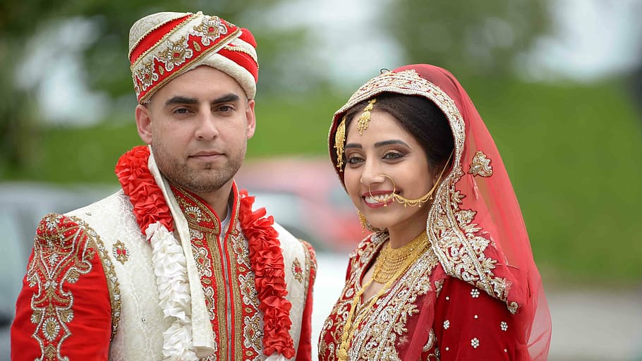 mulher, vermelho, branco, vestido de sari de casamento, Asiáticos, Casamento muçulmano, casamento, casamento asiático, duas pessoas, união
