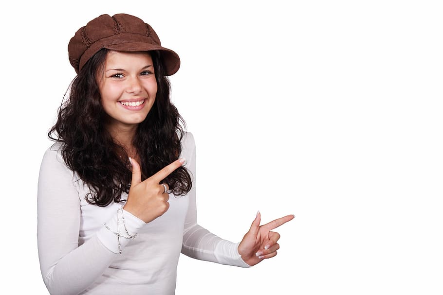 woman, wearing, brown, hat, white, long-sleeved, shirt, brunette, female, finger