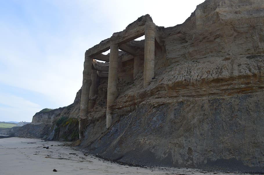 ruins, beach, cliff, half moon bay, california, pacific, ocean, coast, old, coastline