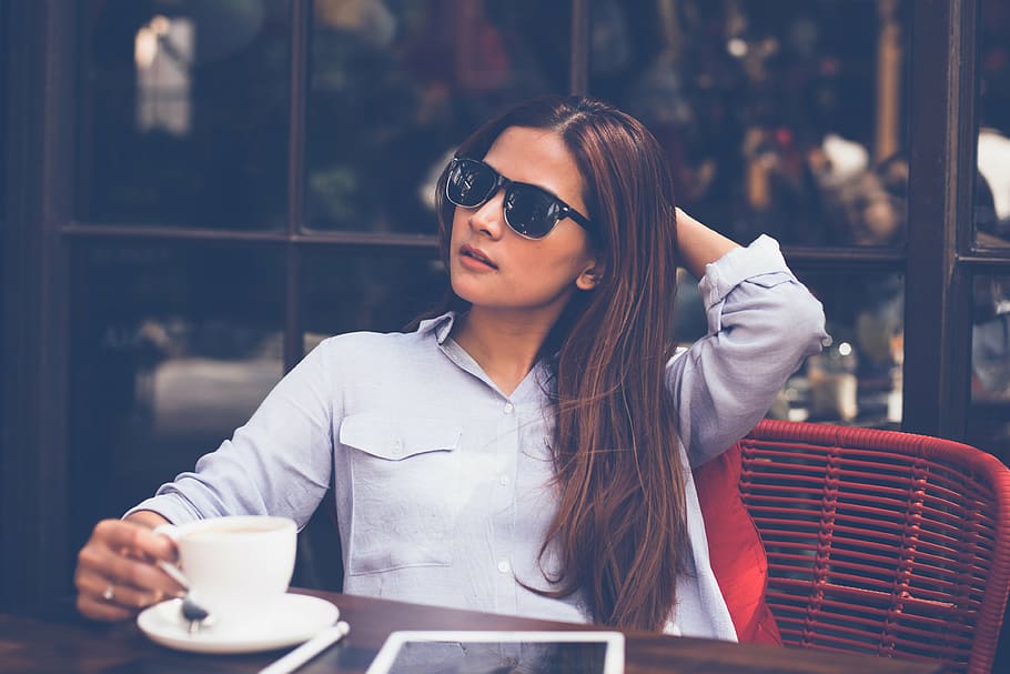 woman, holding, hair, sitting, chair, people, beauty, shades, sunglasses, coffee