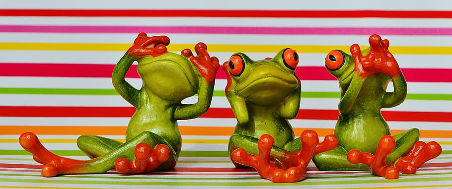 frogs, not see, not hear, do not speak, funny, cute, figures, fun, green, sit