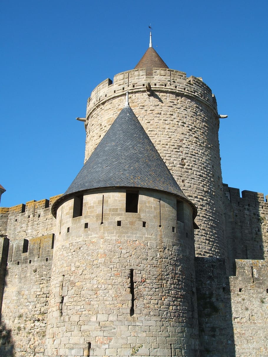 Carcasonne, Francia, castillo, estructura construida, arquitectura, historia, pasado, exterior del edificio, cielo, vista de ángulo bajo