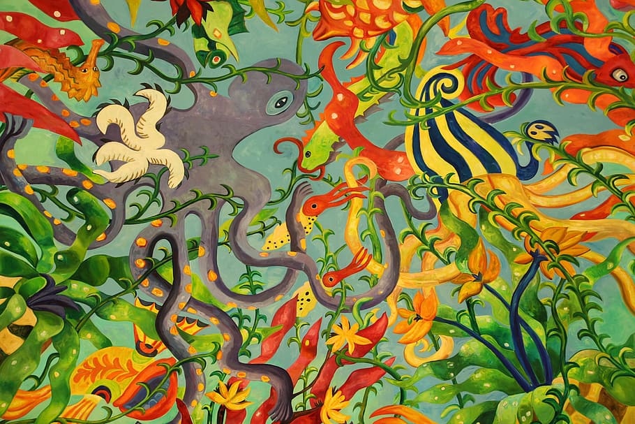 lukisan gurita, dinding, seni, mural, lukisan, grafiti, bingkai penuh, latar belakang, multi-warna, pola