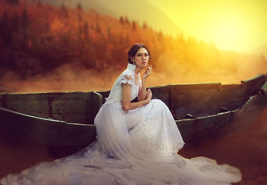 Mujer, blanco, vestido de novia, al lado, canoa, niña, belleza, fantasía, barco, amanecer