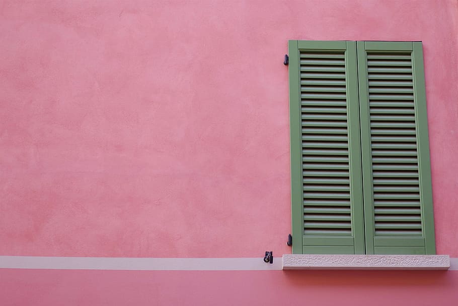 gray, wooden, door, shutters, window, pink, wall, house, architecture, wall - Building Feature