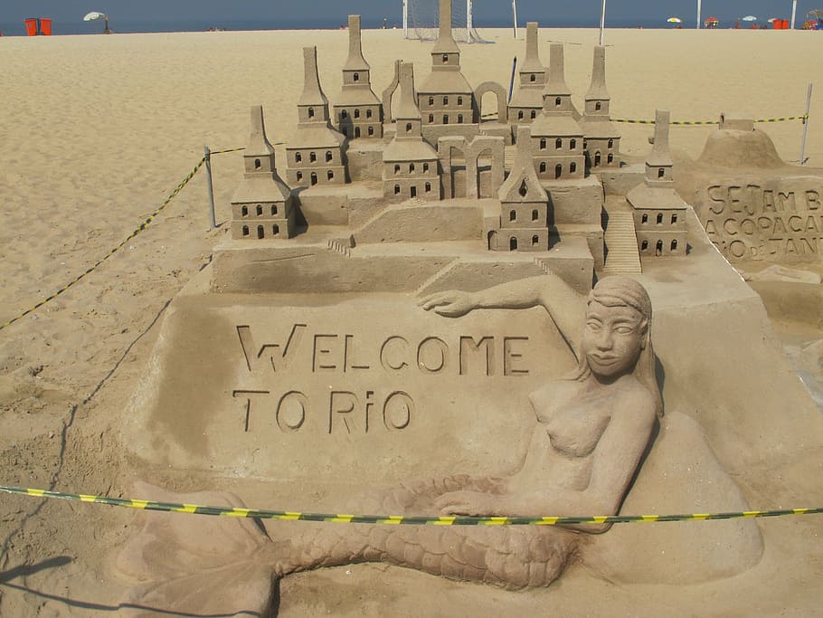 sandcastle, rio, beach, sand, sculpture, art, famous Place, text, western script, communication