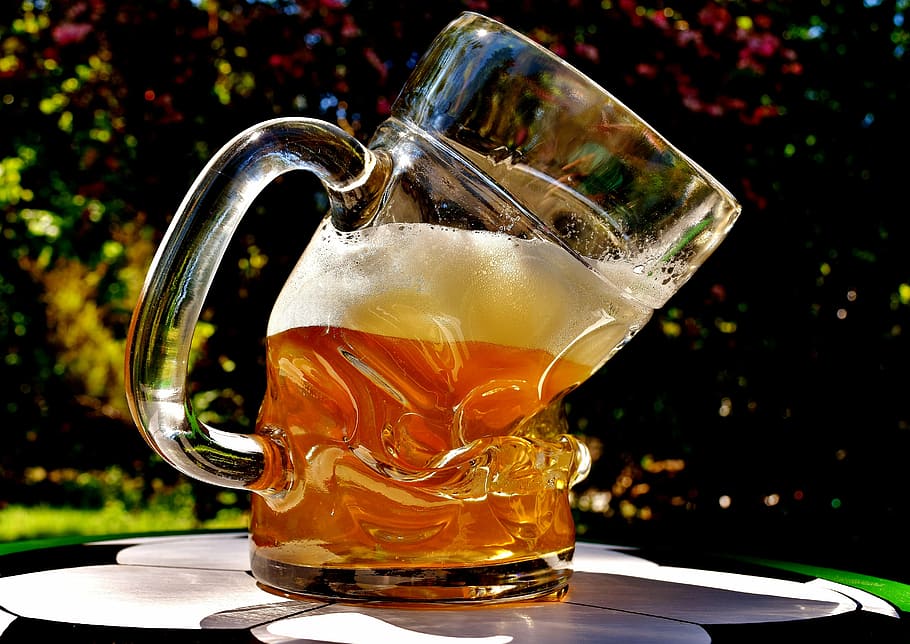clear, glass beer mug, filled, beer, beer glass, deformed, bent, funny, beer garden, light beer
