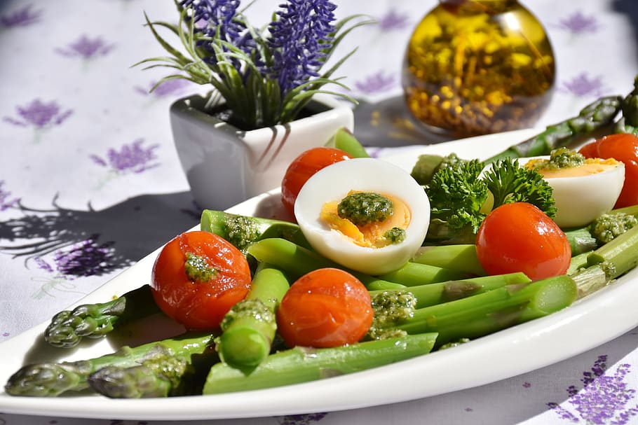 asparagus salad, egg, asparagus, green, green asparagus, pesto, bärlauch pesto, asparagus time, grill, vegetables