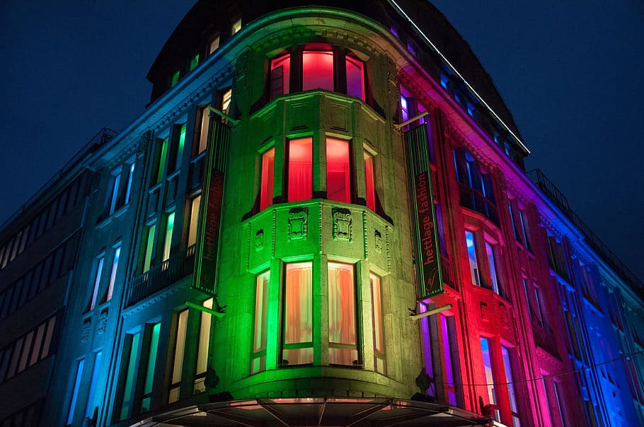 re is lit, colorful facade, lighting, recklinghausen, building, circular lighting, architecture, building exterior, night, built structure