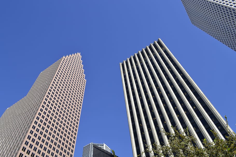 bottom view, concrete, buildings, blue, sky, skyscrapers, houston, texas, office buildings, blue sky