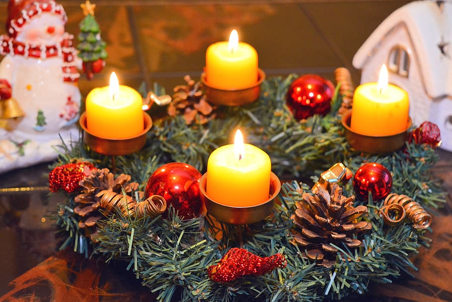 Natal, karangan bunga, merayakan, ornamen, lilin, api, dekorasi, diterangi, dekorasi natal, membakar