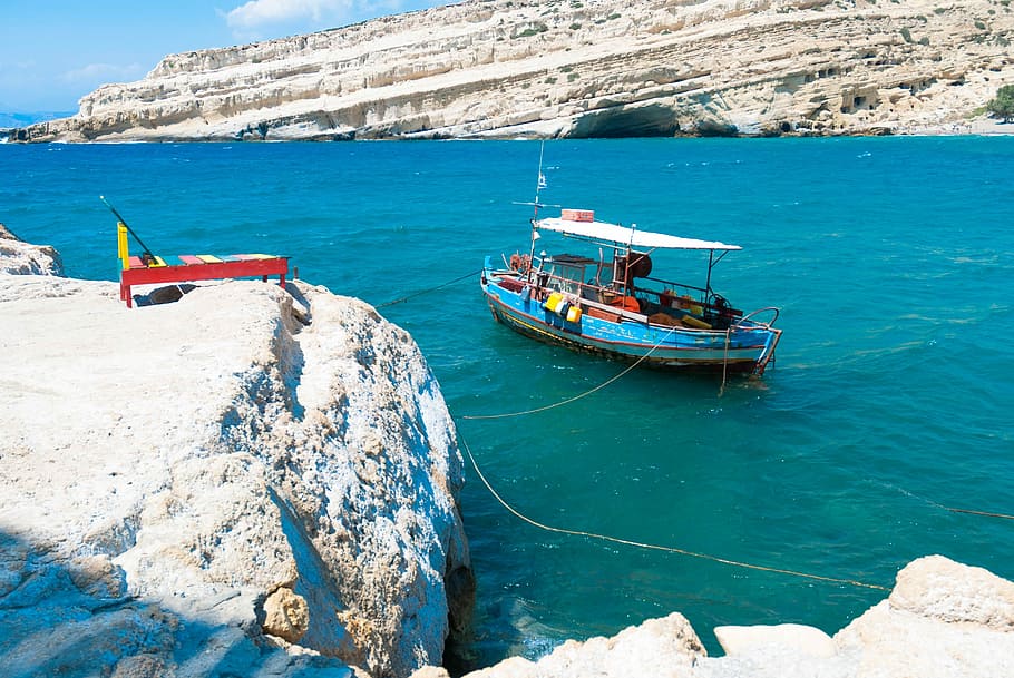 Creta, Matala, mar, color, agua, naturaleza, paisaje, montañas, embarcación náutica, azul