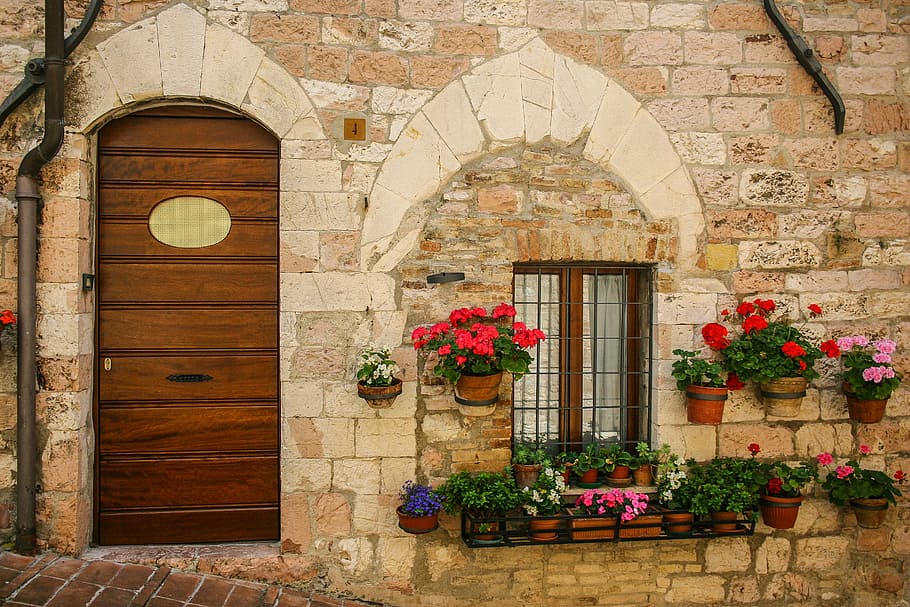 flowers, hang, concrete, wall, window, door, venice, old, architecture, house