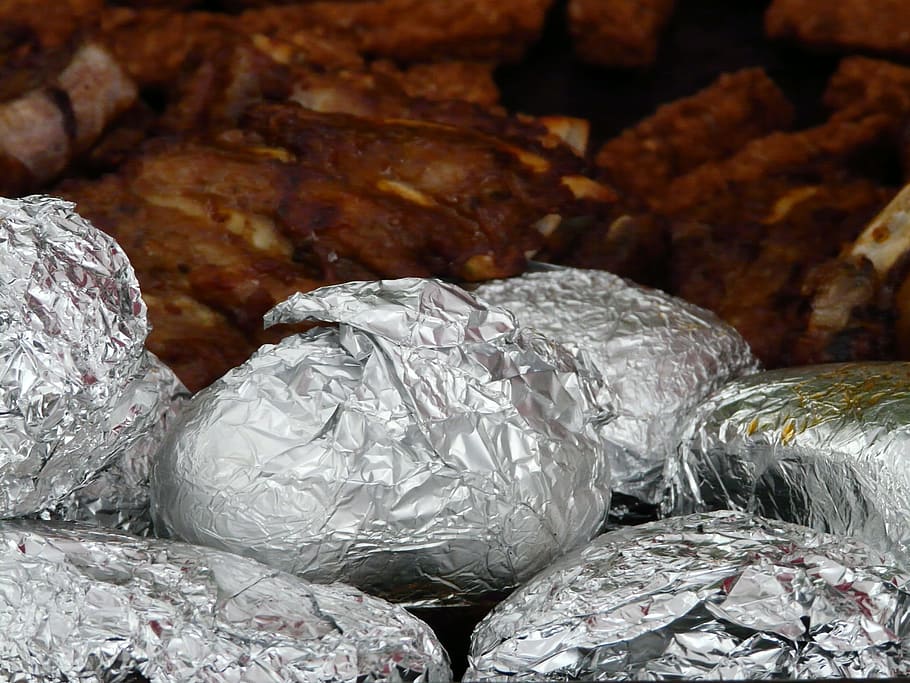 baked, potatoes, potato dish, Baked Potatoes, Dish, aluminum foil, foil potatoes, grill potatoes, barbecue, heat