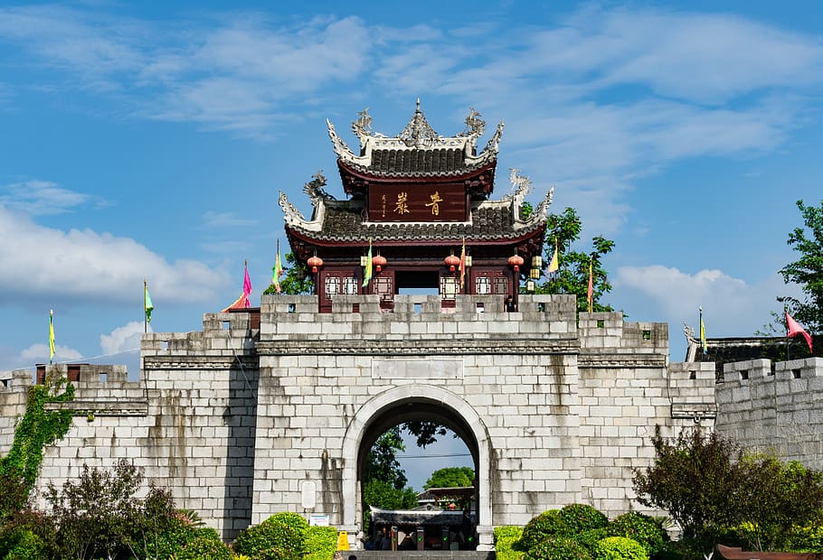 guiyang, qingyan ancient town, huaxi, green rock, city gate tower, the city walls, attractions, architecture, sky, built structure