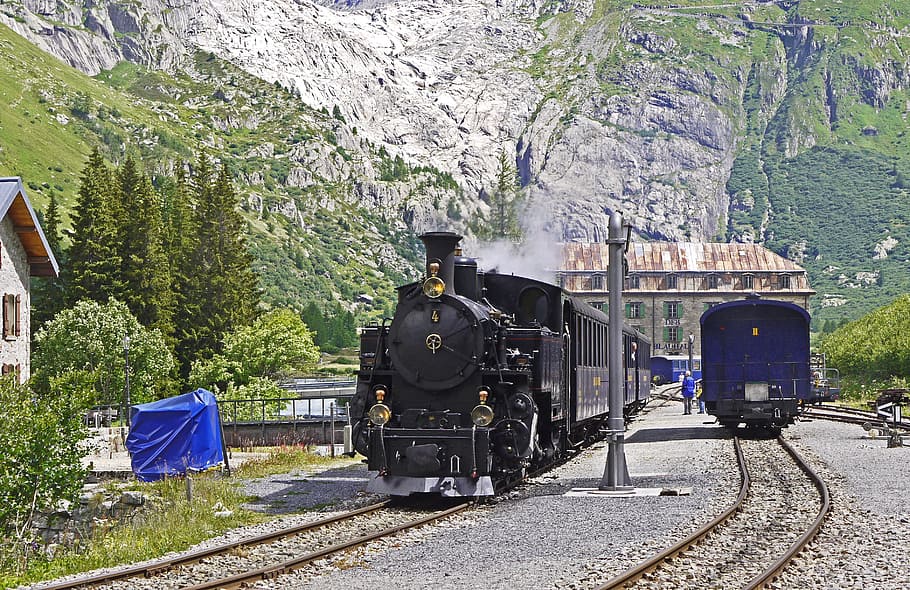 black, train, house, cliff, daytime, steam railway furka-bergstrecke, rhône glacier, glacier bed, rock, slope
