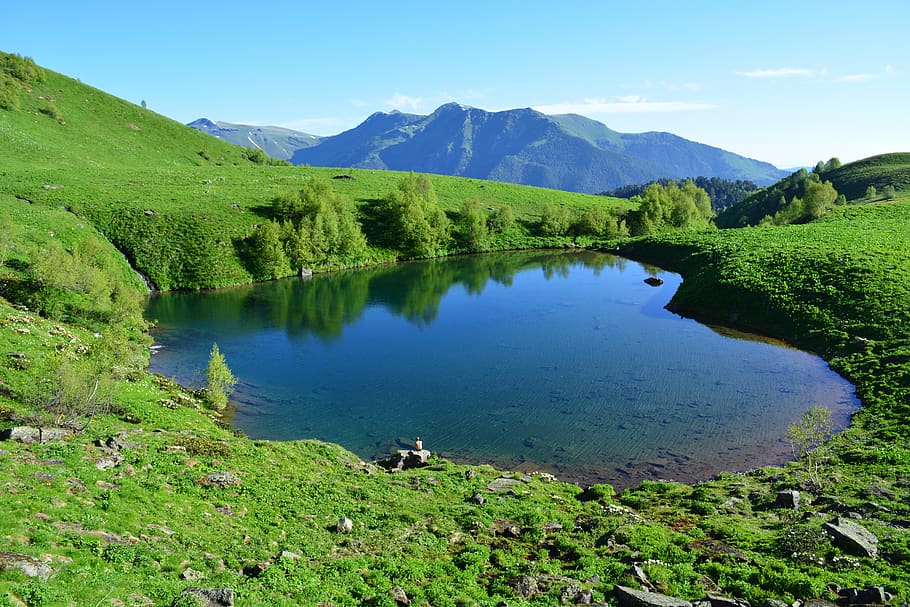 the caucasus, mountains, nature, tourism, landscape, lake, water, scenics - nature, green color, mountain