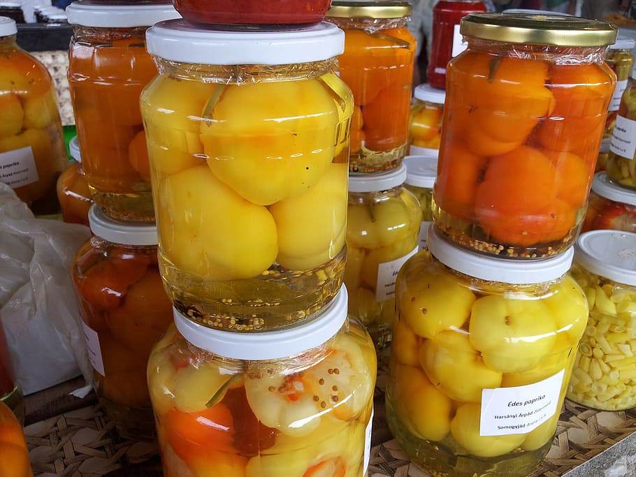 fermented, yellow, fruits, inside, jar, paprika, vegetables, food, preserves, eat