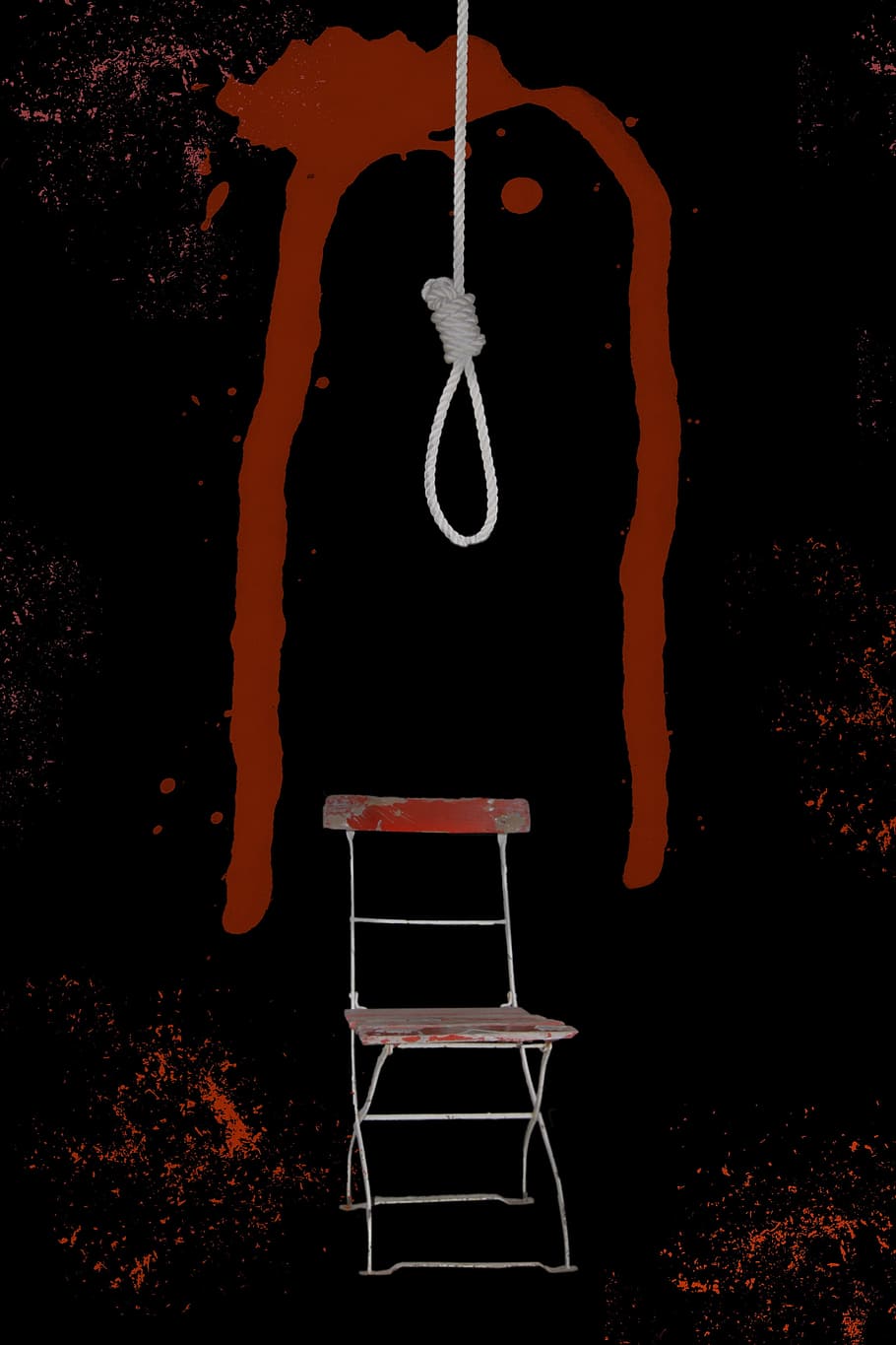 rope, red, folding chair, blood, hangman rope, stilllebenr, knot, depend, dark, oppressive