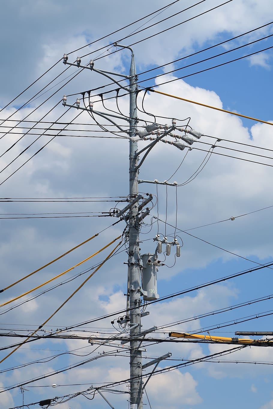 electrical, voltage, power, industrial, sky, energy, tall, send, utility pole, cable
