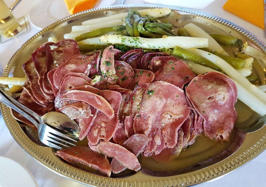lidah babi, Lidah, Asparagus, Babi, lidah dengan asparagus, makan, asparagus hijau, asparagus putih, waktu asparagus, lezat