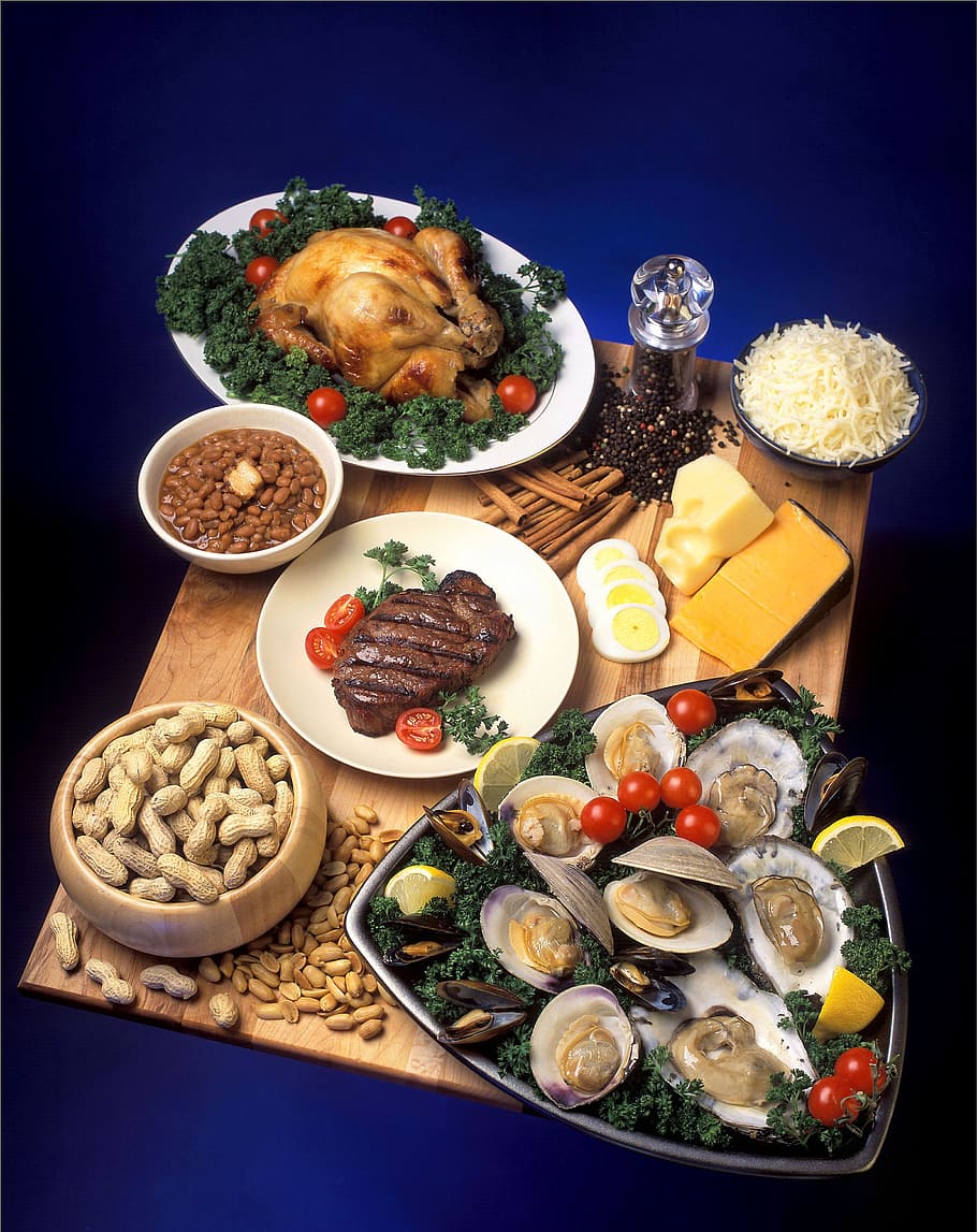 peanuts, clams, cheese, steak, roasted, chicken, served, wooden, tray, foods