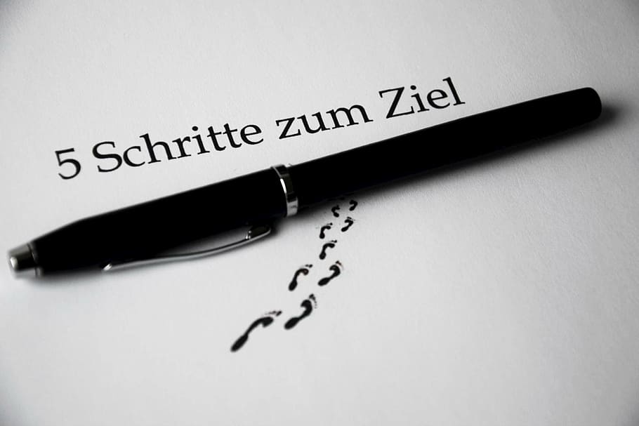 5 schritte zum ziel, application, cover letter, curriculum vitae, motivation, pen, looking for a job, search, work, career