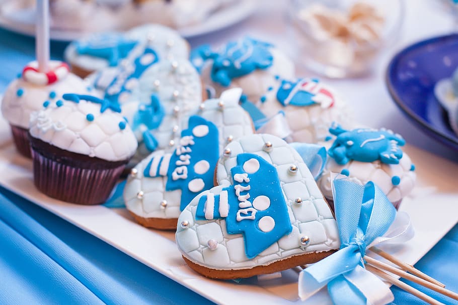 pair, white-and-blue shoes, top, white, ceramic, plate, gingerbread, cupcake, cupcakes, confectionery