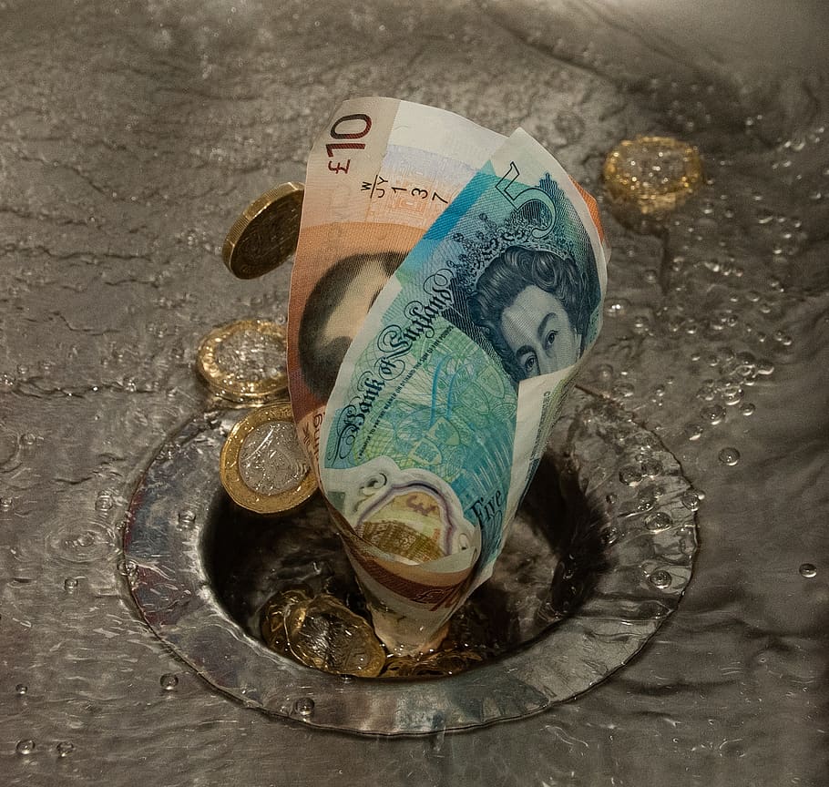 down the drain, money, waste, sink, currency, gb pounds, finance, wealth, business, coin