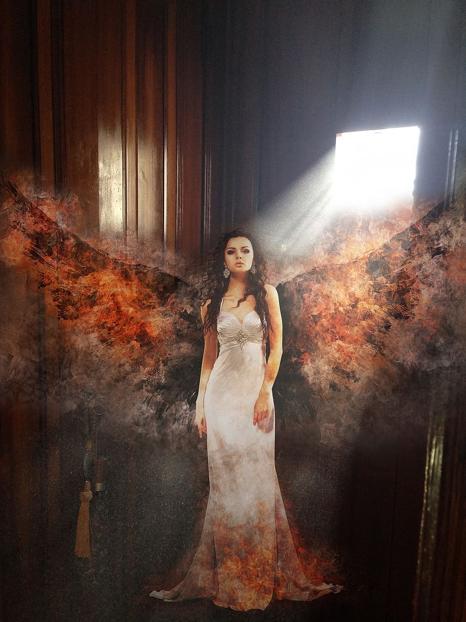 woman, burning, wings, standing, door, angel, fire, church, confession, flame